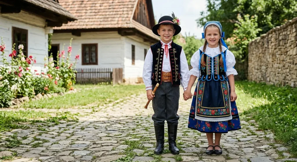 Dzieci w tradycyjnym śląskim stroju ludowym – strój dziewczęcy i chłopięcy